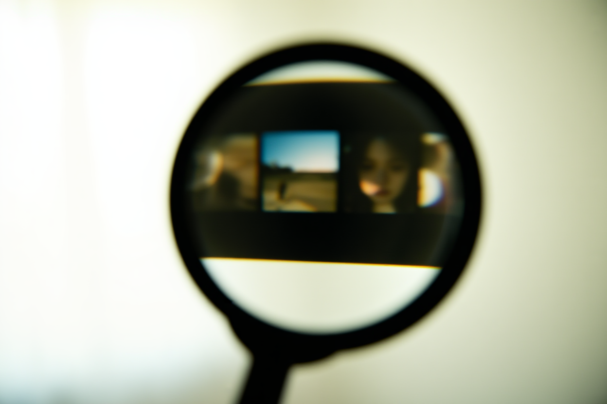una lupa digital flotando sobre una cuadrícula de imágenes en miniatura en una pantalla, toma amplia con luz natural suave