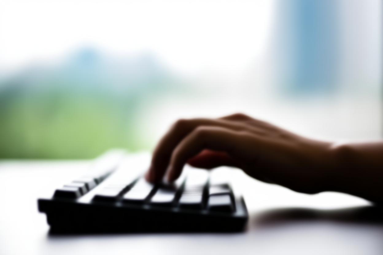 un primer plano de una mano escribiendo en un teclado con un fondo de ciudad desenfocado, toma amplia con luz natural suave