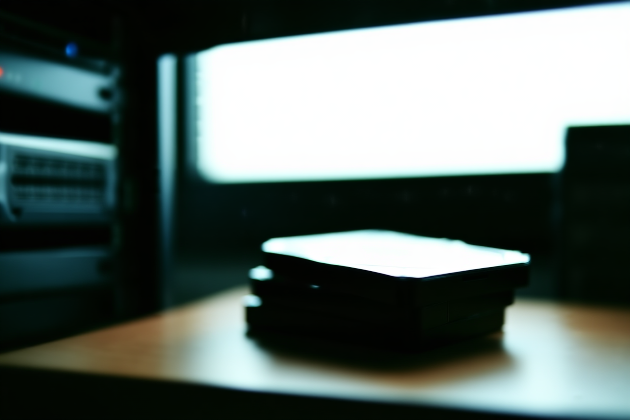 un rack de servidores con luces parpadeantes junto a una pila de discos duros en un escritorio, toma amplia con luz natural suave