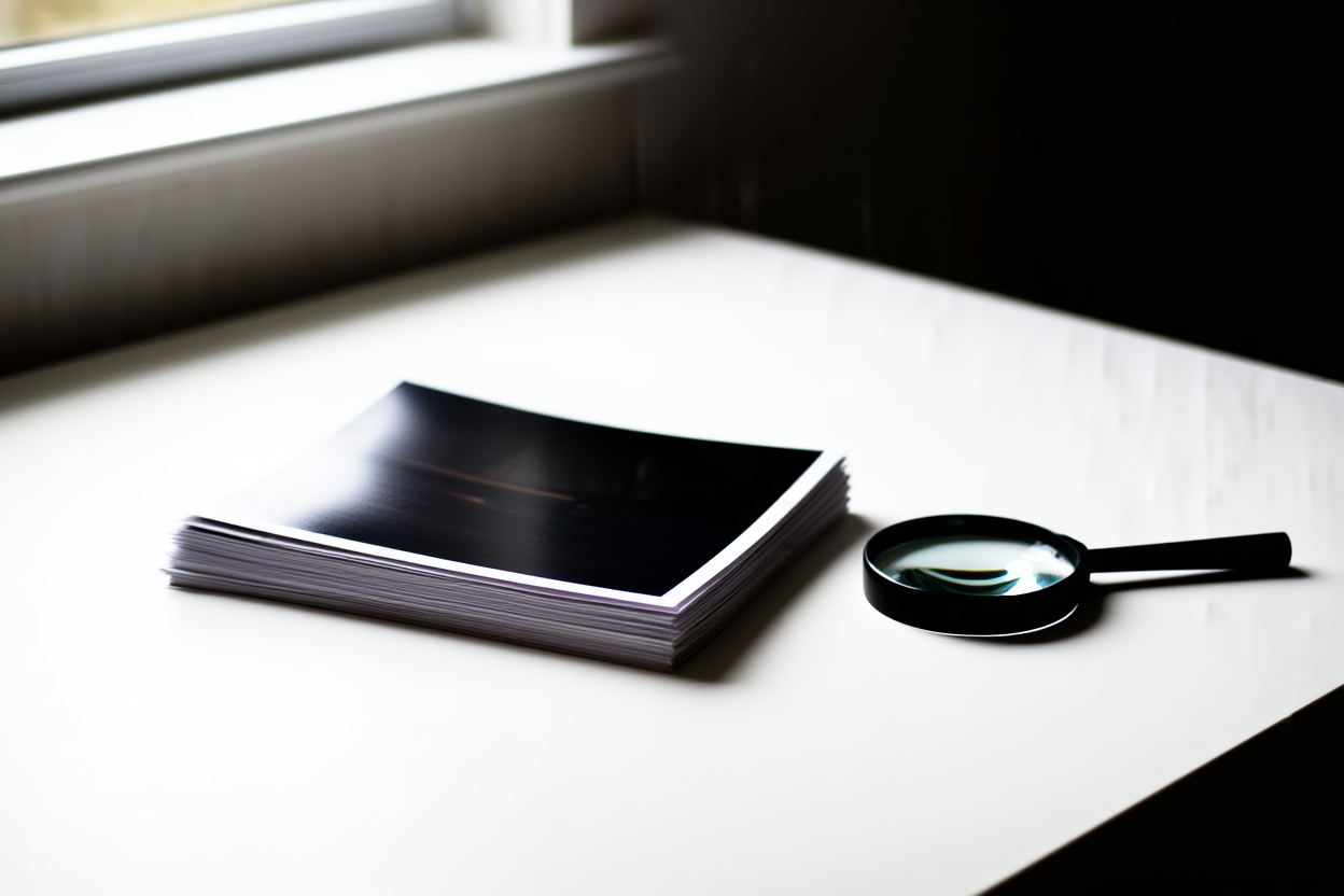 a stack of printed stock photos next to a magnifying glass on a white desk, soft natural light, wide landscape shot