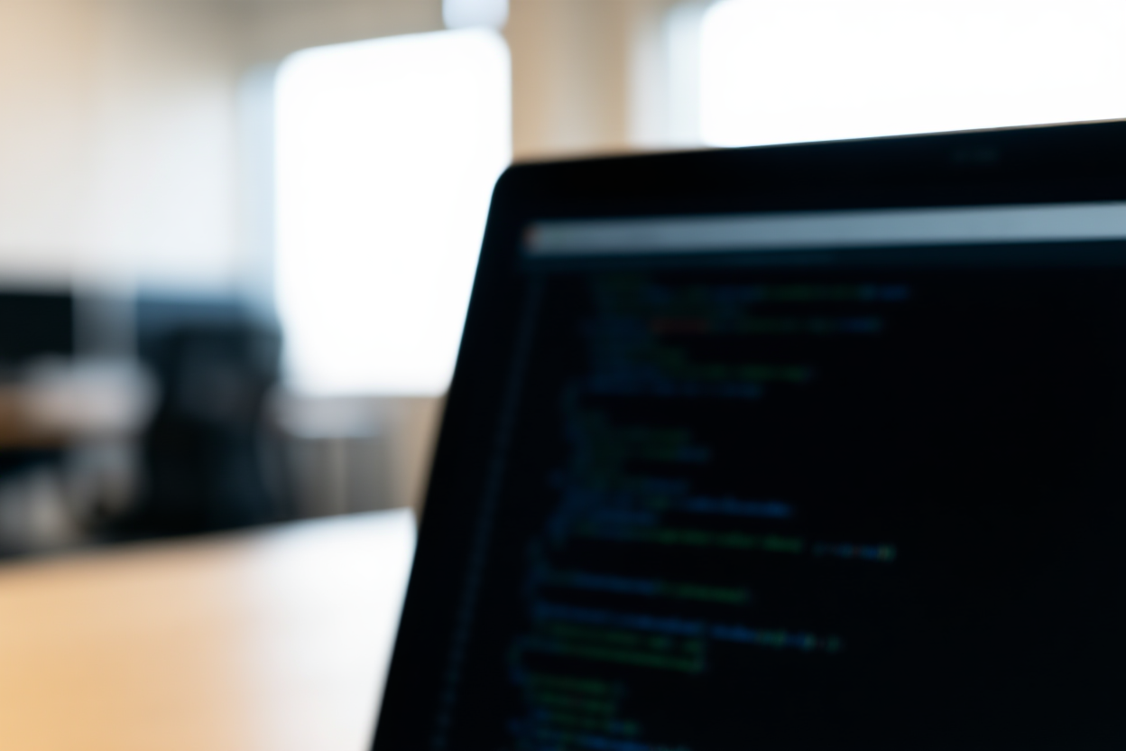 a laptop screen displaying code lines with a blurred office background, soft daylight, wide landscape shot