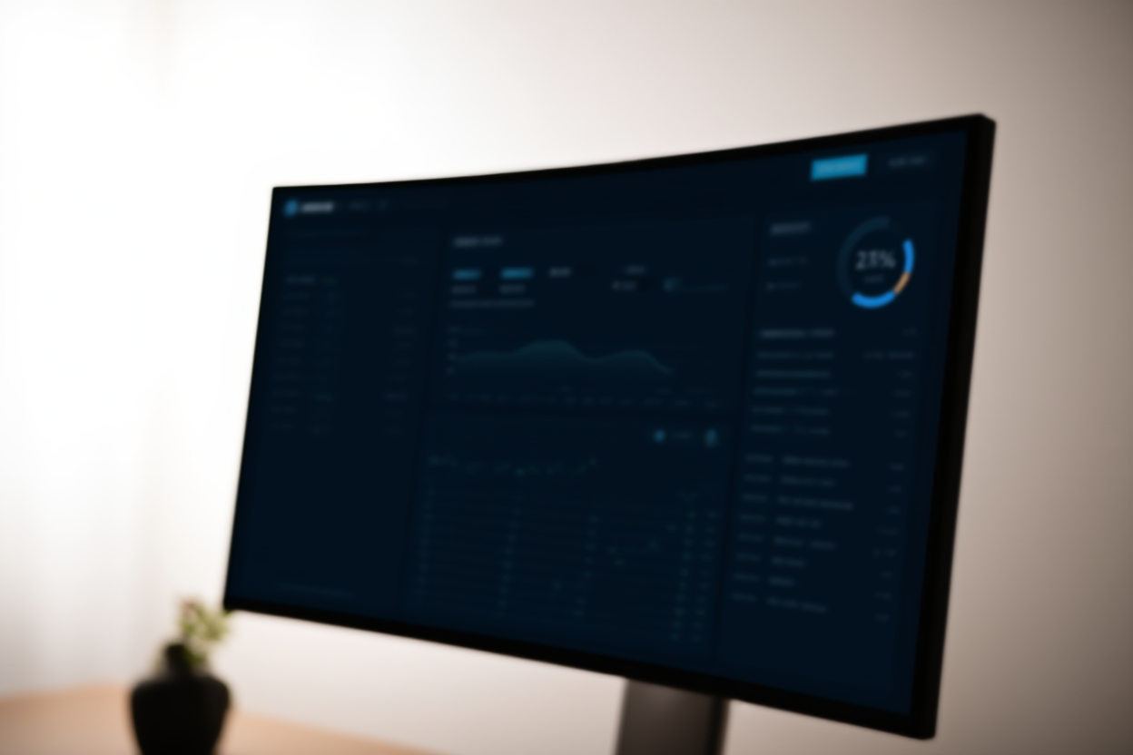 a digital dashboard showing sales graphs and percentage indicators on a monitor, soft natural light, wide landscape shot