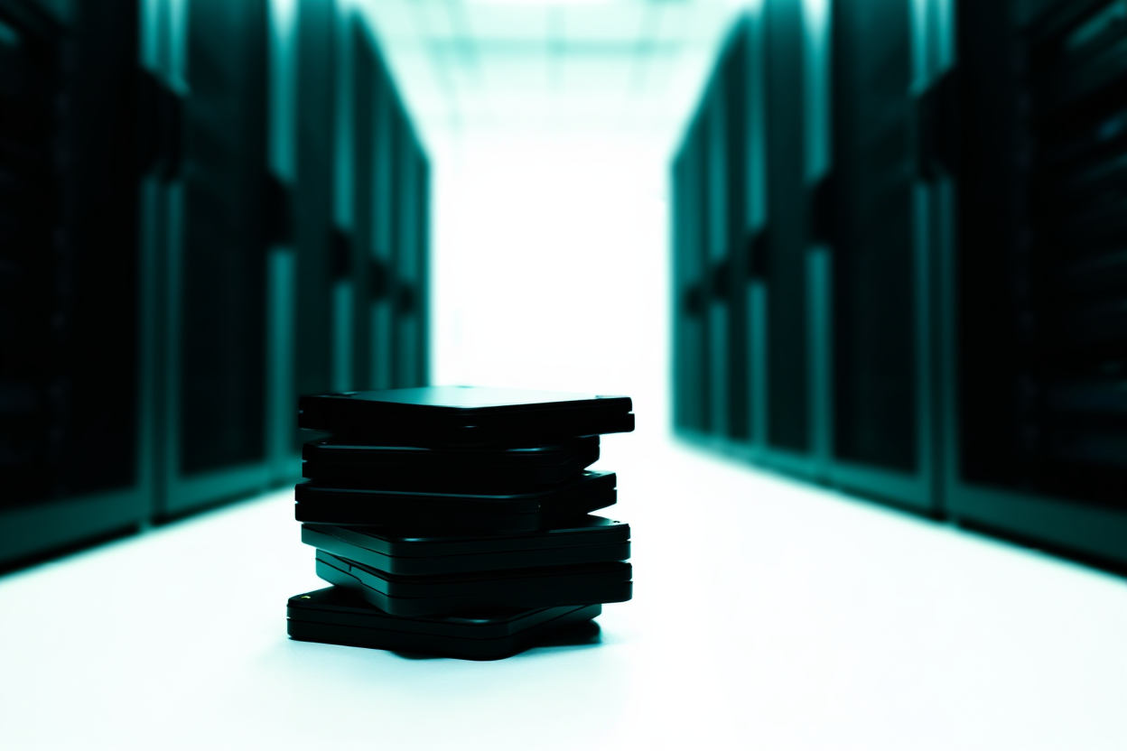a stack of hard drives and server racks in a modern data center aisle, soft natural light, wide landscape shot