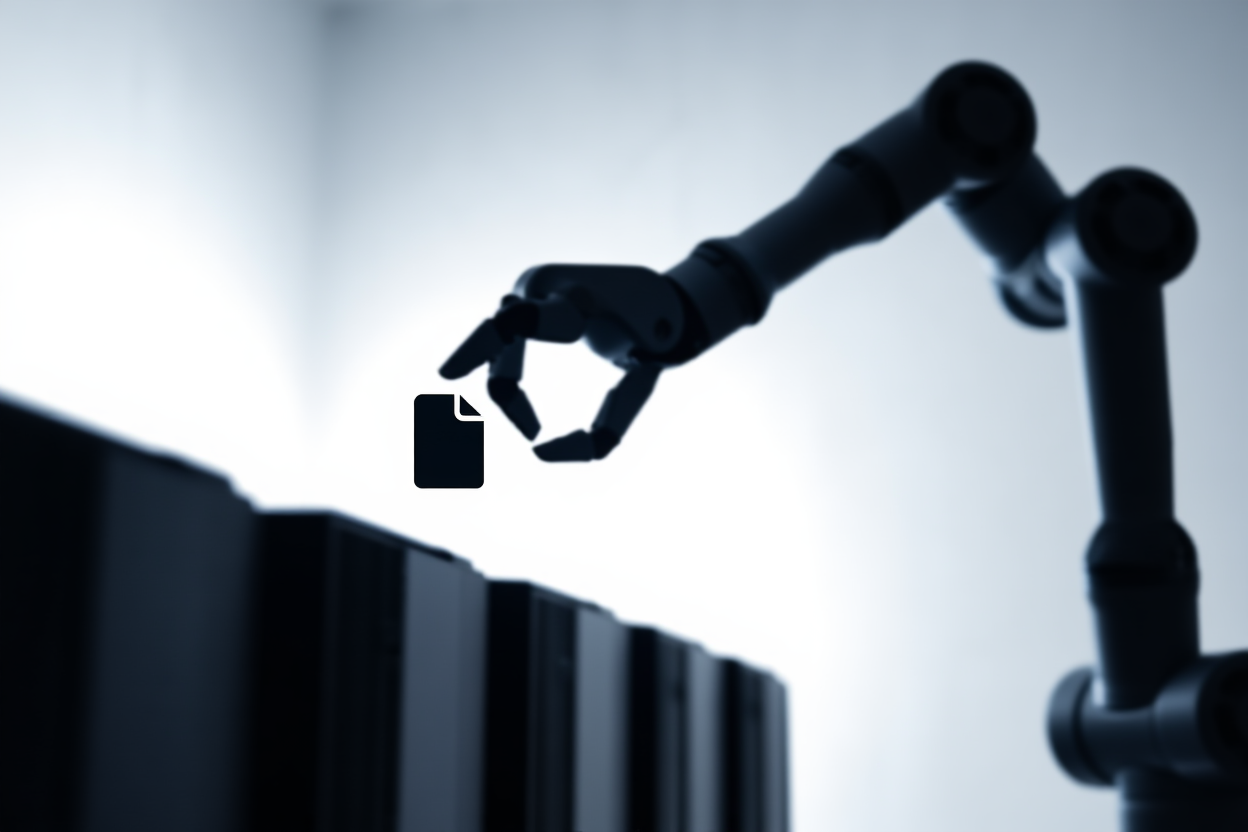 a sleek robotic arm placing a digital file icon onto multiple server nodes, soft natural light, wide landscape shot