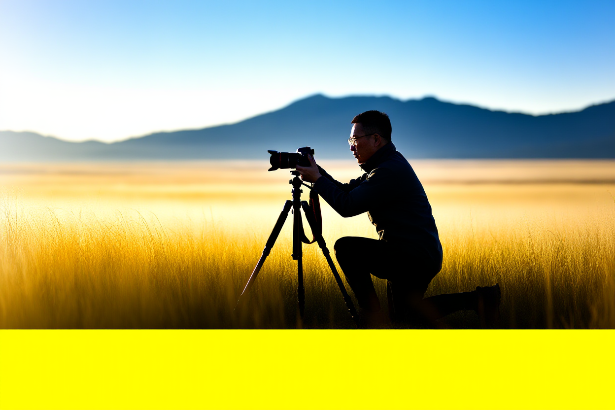 gün doğumunda uzun altın otlar arasında diz çökmüş, üçayağa monte edilmiş bir DSLR kamera üzerinde ayarlama yapan ve uzakta dağların göründüğü bir fotoğrafçı