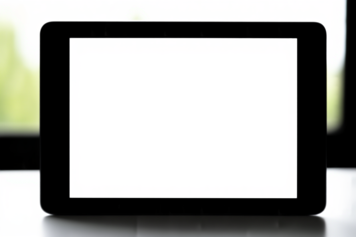 ein digitales Tablet, das eine Liste von Stock-Foto-Dateinamen mit grünen Häkchen auf einer sauberen weißen Oberfläche anzeigt, weiches natürliches Licht