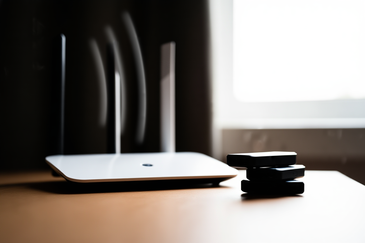 ein moderner Router mit Signalwellen, die neben einem Stapel USB-Laufwerken auf einem Schreibtisch emittieren, weiches natürliches Licht