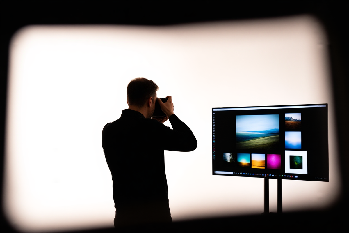 Fotografer profesional meninjau metadata pada layar laptop di studio modern