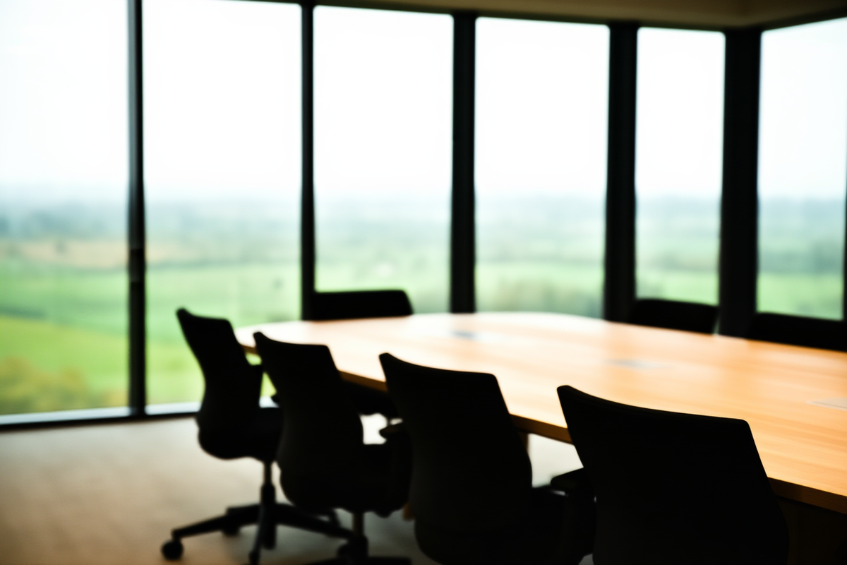 Salle de conseil corporative moderne avec des professionnels examinant les rapports financiers trimestriels sur des tablettes numériques élégantes