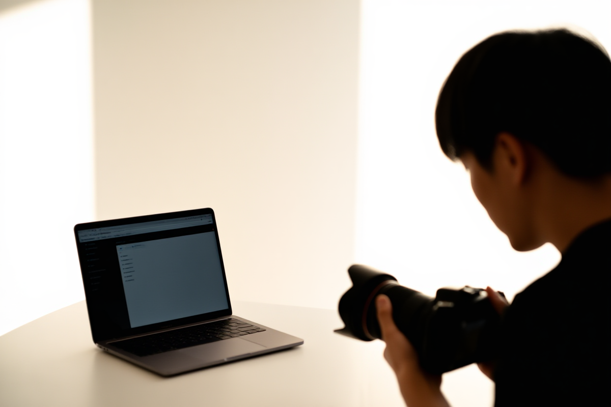 Photographe professionnel examinant un tableau de bord de métadonnées automatisées sur un ordinateur portable dans un studio moderne