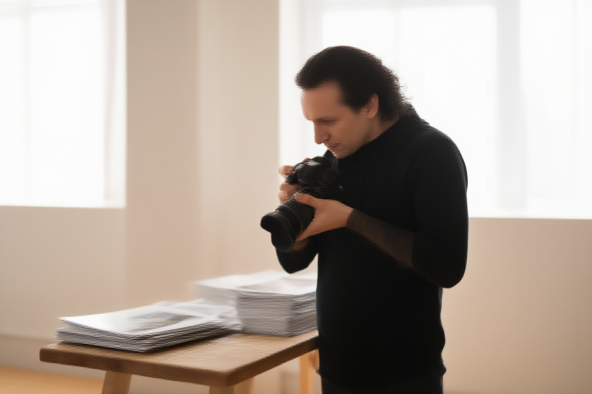Un fotografo professionista in uno studio illuminato dal sole che tiene una fotocamera, circondato da pile di foto stock stampate su un tavolo di legno con luce naturale che filtra attraverso