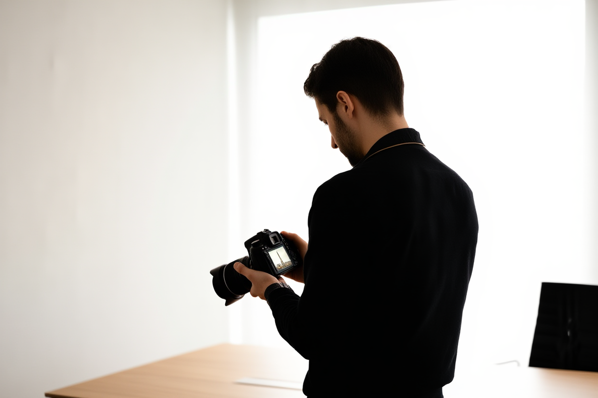Professional photographer reviewing metadata list on laptop screen in bright modern office