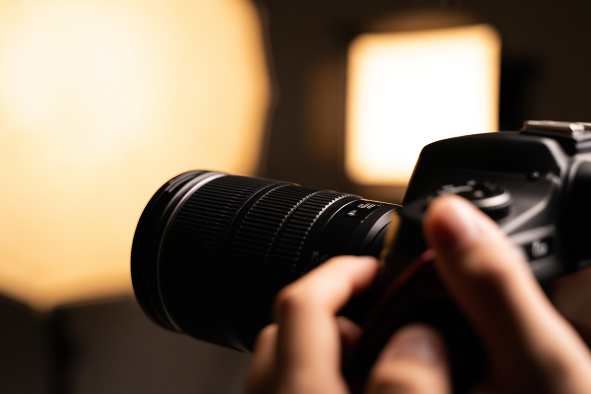 Un primer plano de las manos de un fotógrafo sosteniendo una cámara DSLR con una parasol adjunta, parada en un estudio iluminado por el sol lleno de softboxes y paraguas reflectantes contra u