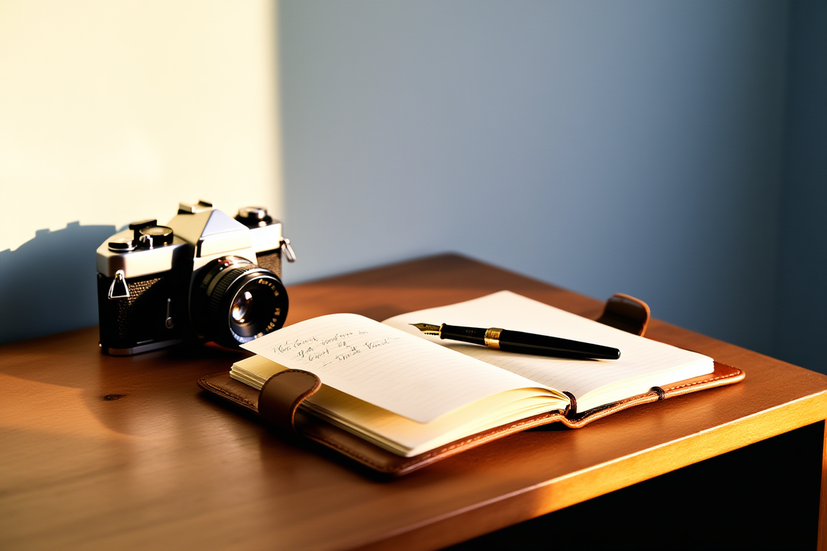 un escritorio de madera con una cámara fotográfica vintage junto a un cuaderno abierto lleno de palabras clave escritas a mano y un bolígrafo apoyado encima