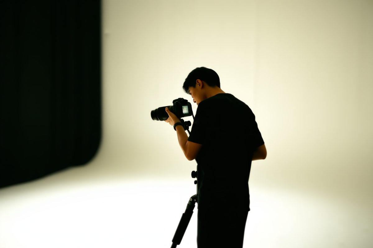 photographer reviewing keyword analytics on laptop while holding camera
