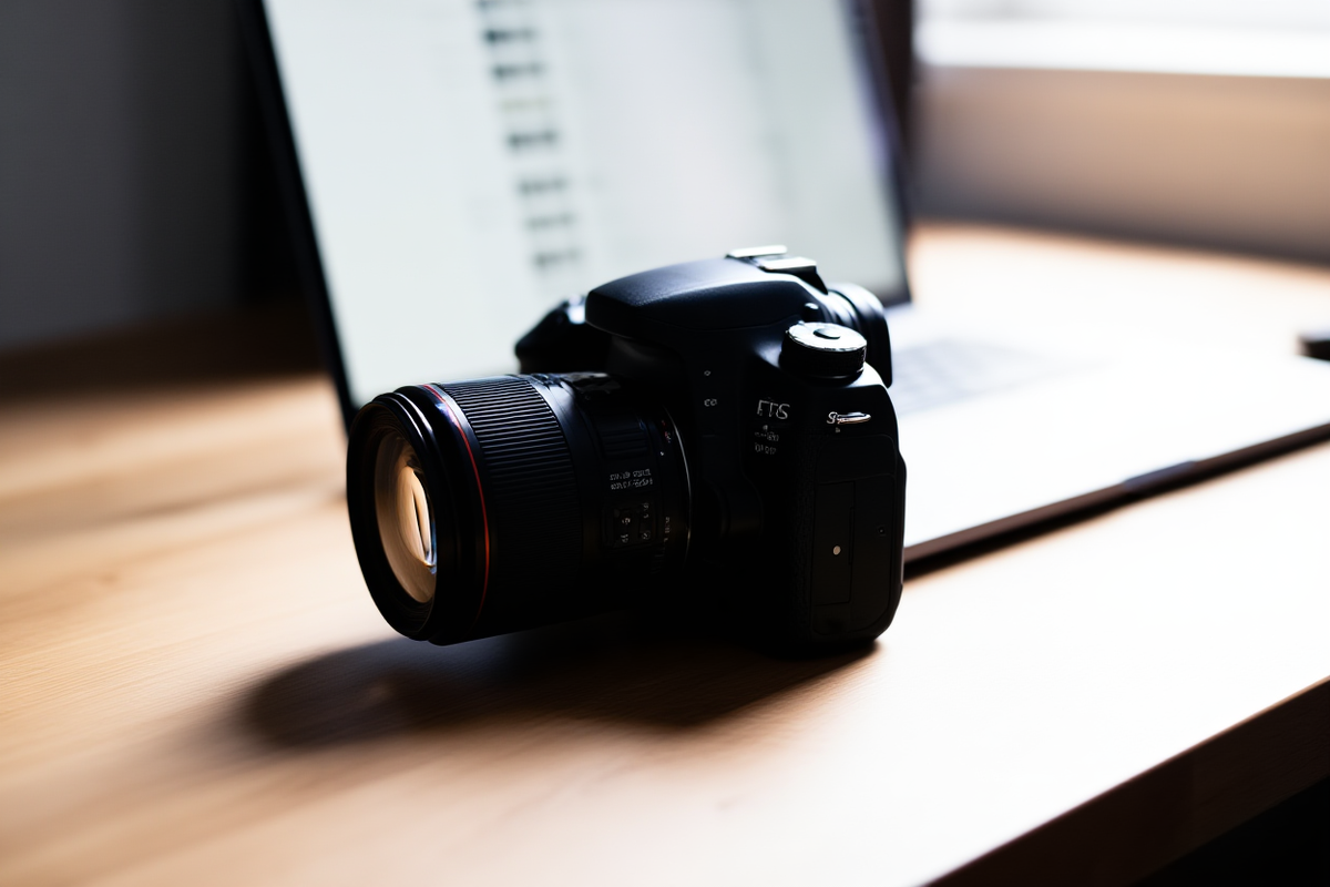 Kamera DSLR profesional di atas meja kayu bersih di samping laptop yang menampilkan bidang metadata foto stok