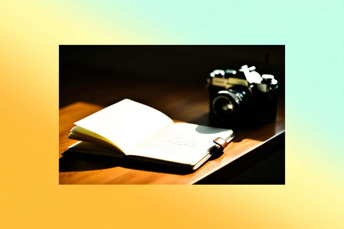 Un bureau en bois bien rangé baignant dans une douce lumière du matin, avec un carnet ouvert contenant des mots-clés écrits à la main pour la photographie de stock, à côté d'un cache d'object