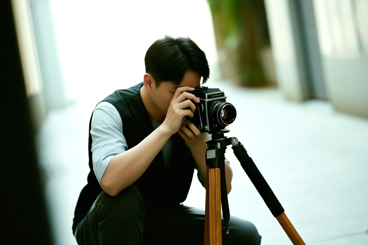 A professional photographer crouching in a sunlit urban alleyway, carefully adjusting the focus ring on a vintage film camera mounted on a wooden tripod while reviewing composition details