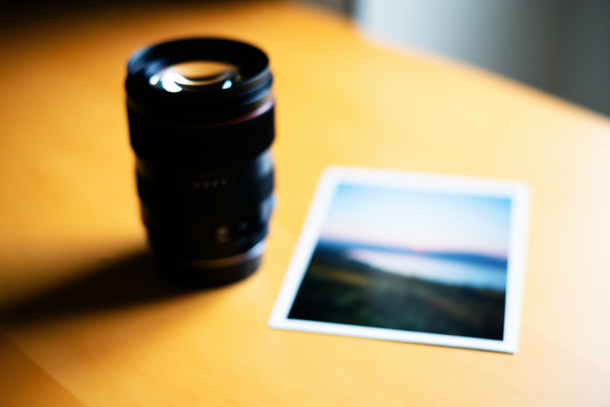 una pila de impresiones profesionales de fotografía de stock en un escritorio moderno con una laptop que muestra análisis de palabras clave