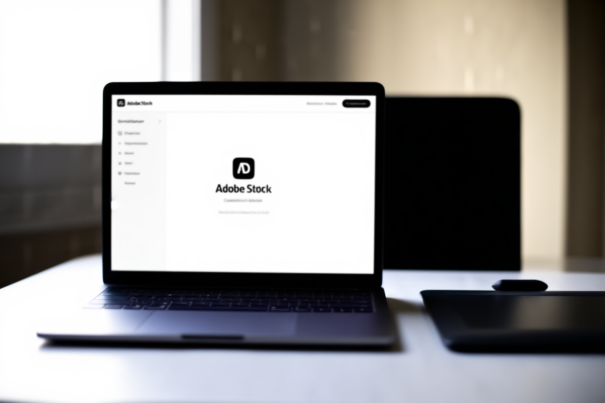 Moderner Laptop, der das Contributor-Dashboard von Adobe Stock neben einem digitalen Zeichentablett mit Stift anzeigt