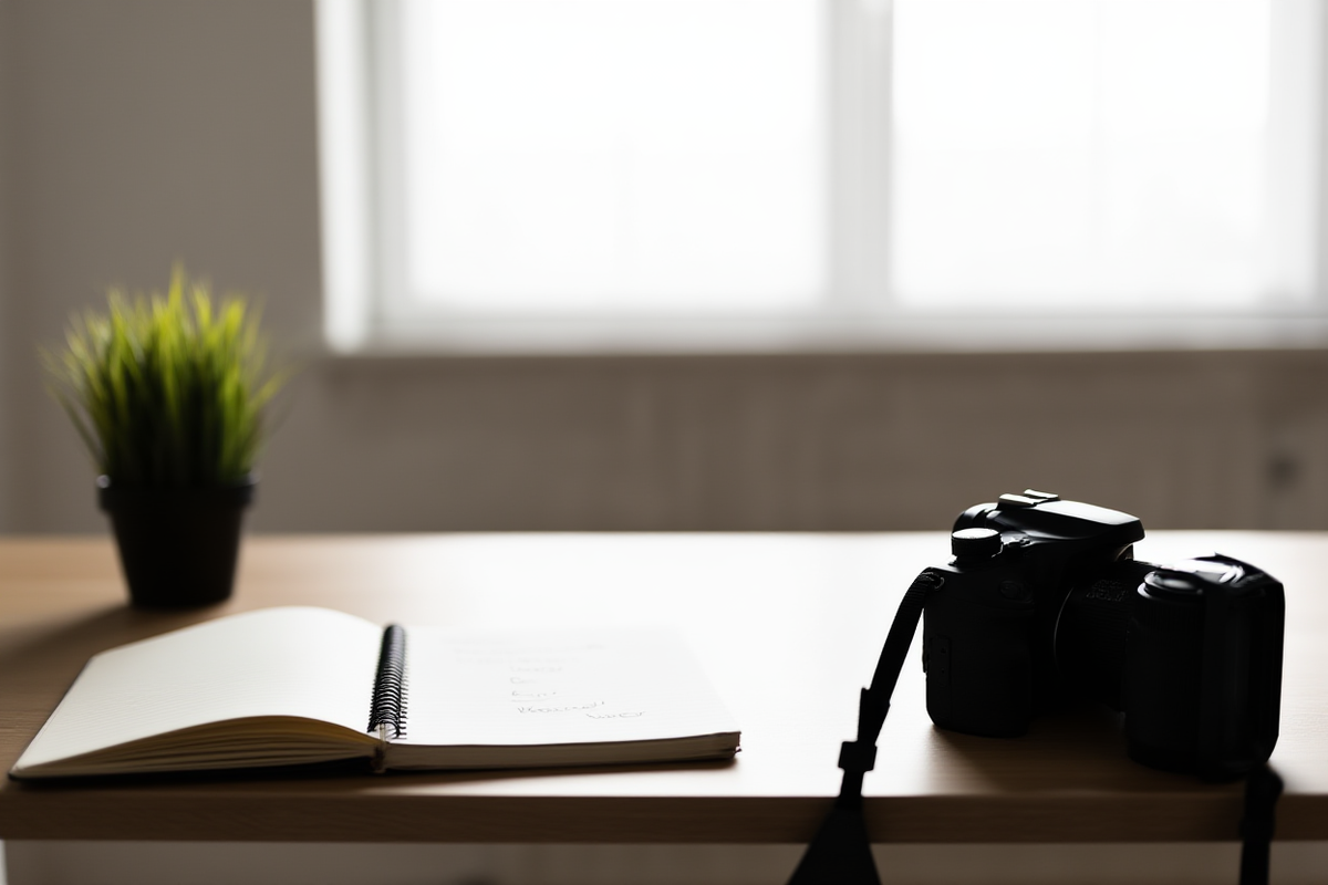 Professional photographer reviewing metadata on a laptop in a bright studio