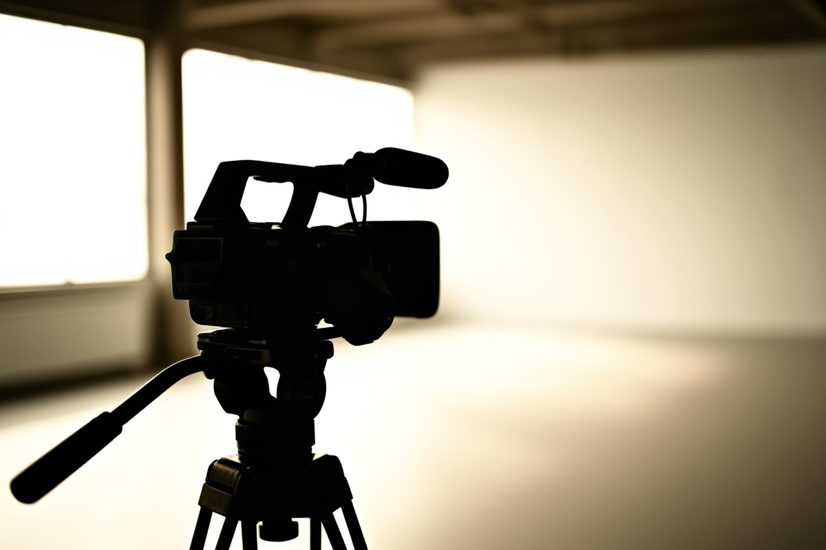 Professionelle Videokamera auf einem Stativ, die in einem modernen Studio mit weichem natürlichem Licht Filmmaterial aufnimmt