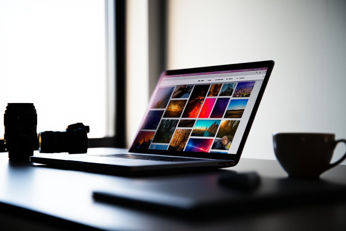 A modern workspace featuring a sleek laptop displaying colorful stock photo thumbnails and keyword metrics, next to a camera lens and a cup of coffee, soft natural light, wide landscape shot