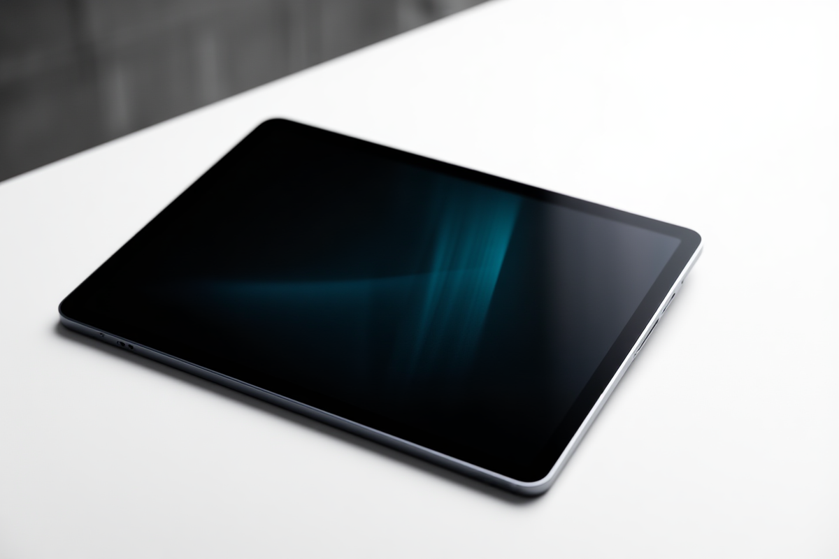 Sleek digital tablet displaying abstract generative art patterns on a clean white surface with soft natural window light