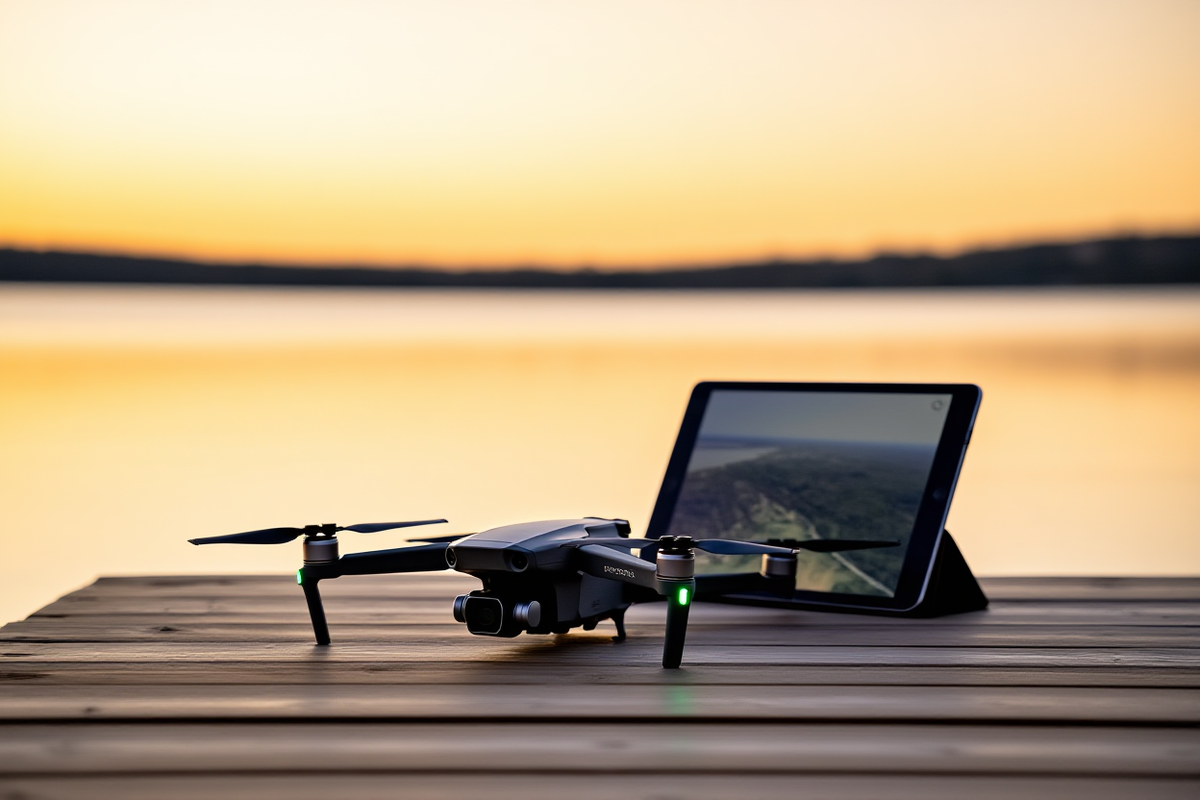 Drone profesional terbang di atas pemandangan pantai saat matahari terbenam