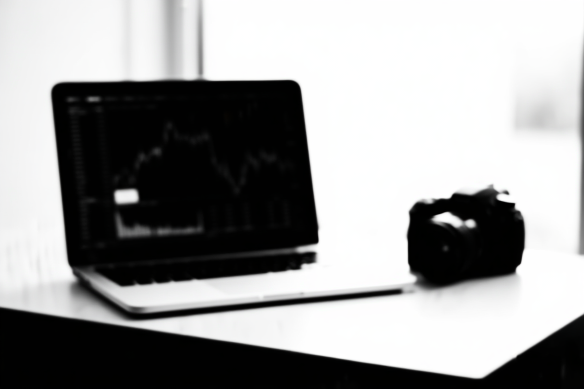 A professional photographer reviewing a laptop display showing stock photography analytics on a clean wooden desk