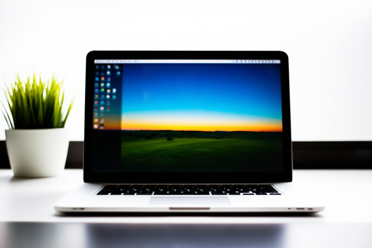 Laptop modern menampilkan antarmuka foto stock yang cerah di atas meja bersih dengan tanaman