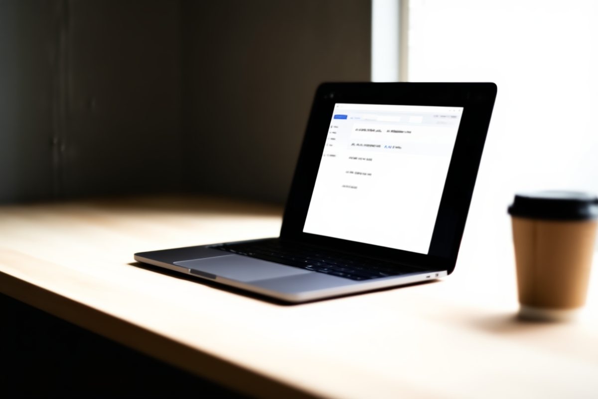 Ein moderner Laptop zeigt ein Dashboard mit AI-Bildern, die mit Schlüsselwort-Tags überlagert sind, auf einem sauberen Schreibtisch bei sanftem Morgenlicht