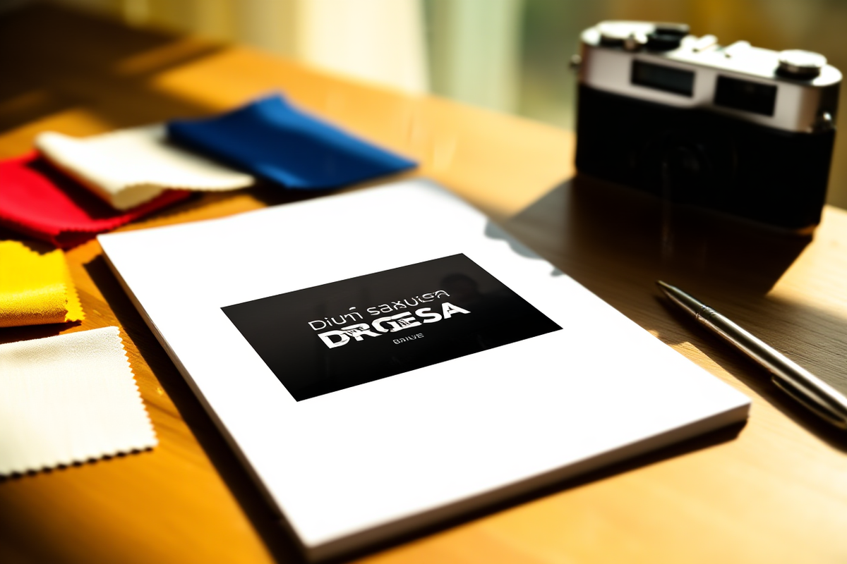 Un escritorio ordenado con una maqueta de tarjeta de visita impresa junto a una tableta que muestra capas de diseño, rodeada por suave luz natural