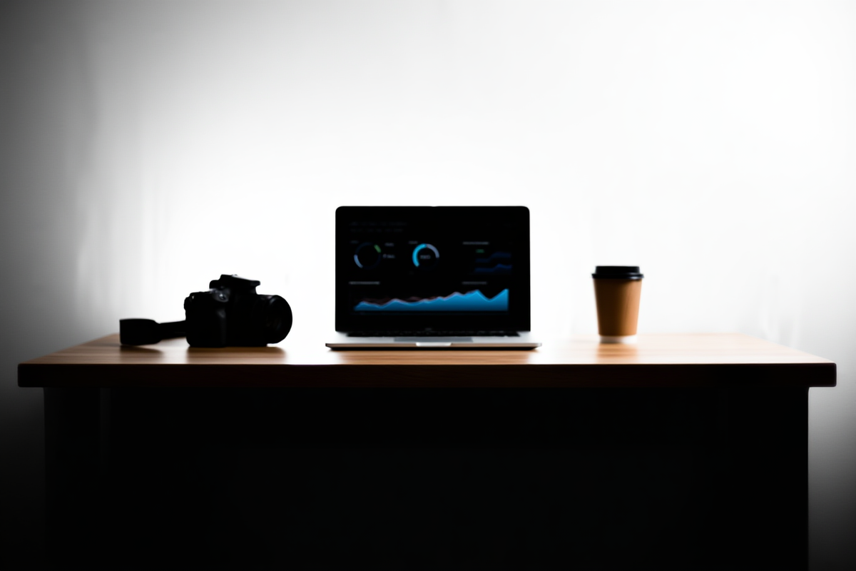 Photographer reviewing metadata dashboard on laptop next to camera gear