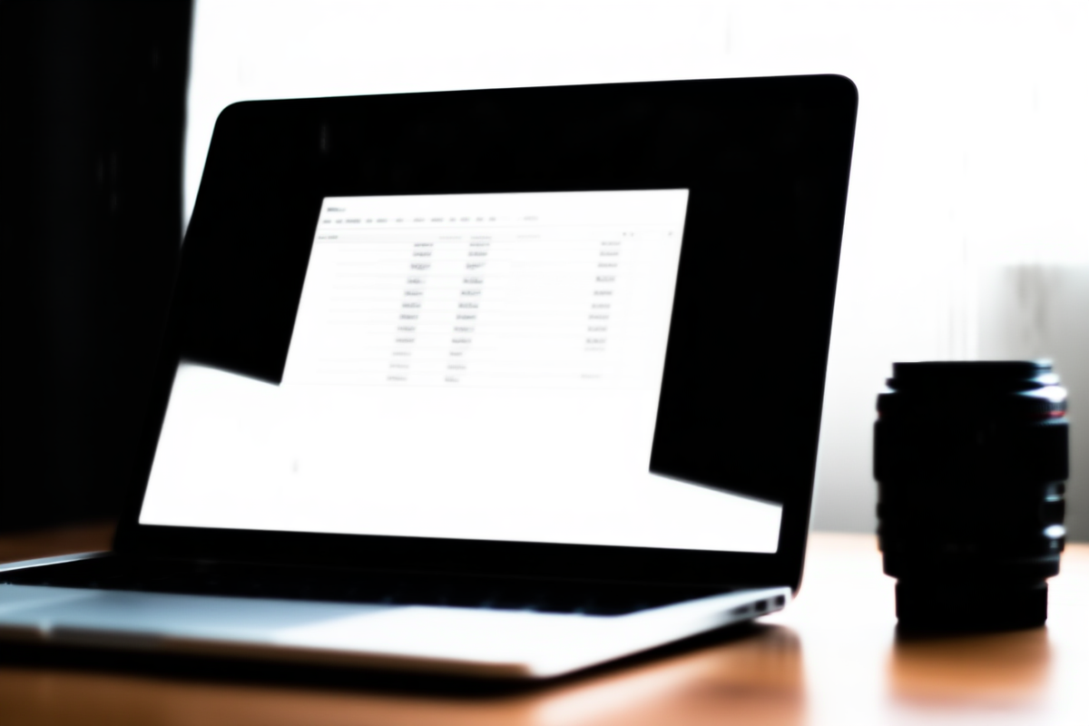 A modern laptop displaying a spreadsheet of stock photography keywords next to a camera lens on a wooden desk