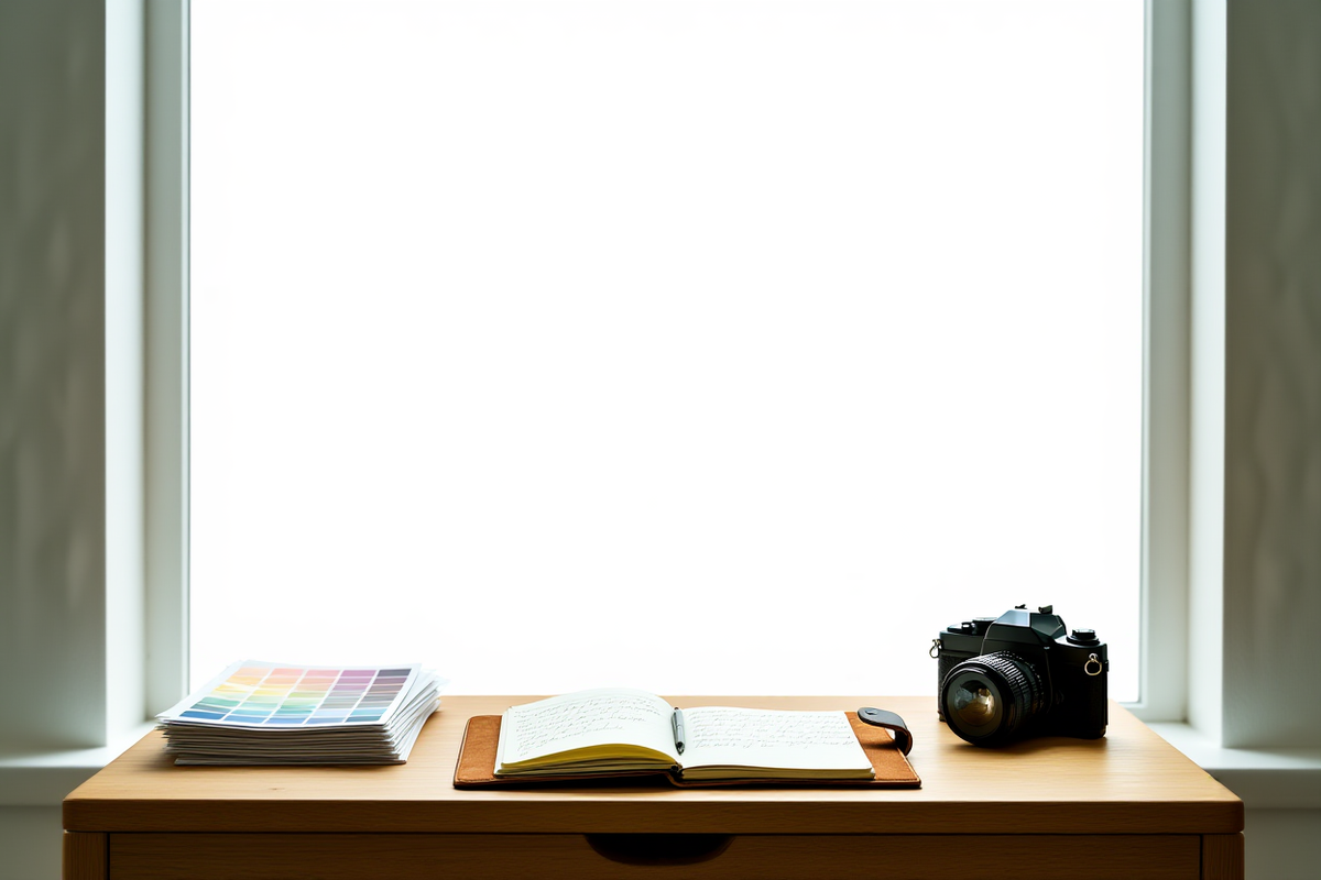 Un primer plano de un fotógrafo profesional sosteniendo una fotografía impresa con dos modelos sonrientes desenfocados suavemente en el fondo cerca de arquitectura moderna de vidrio