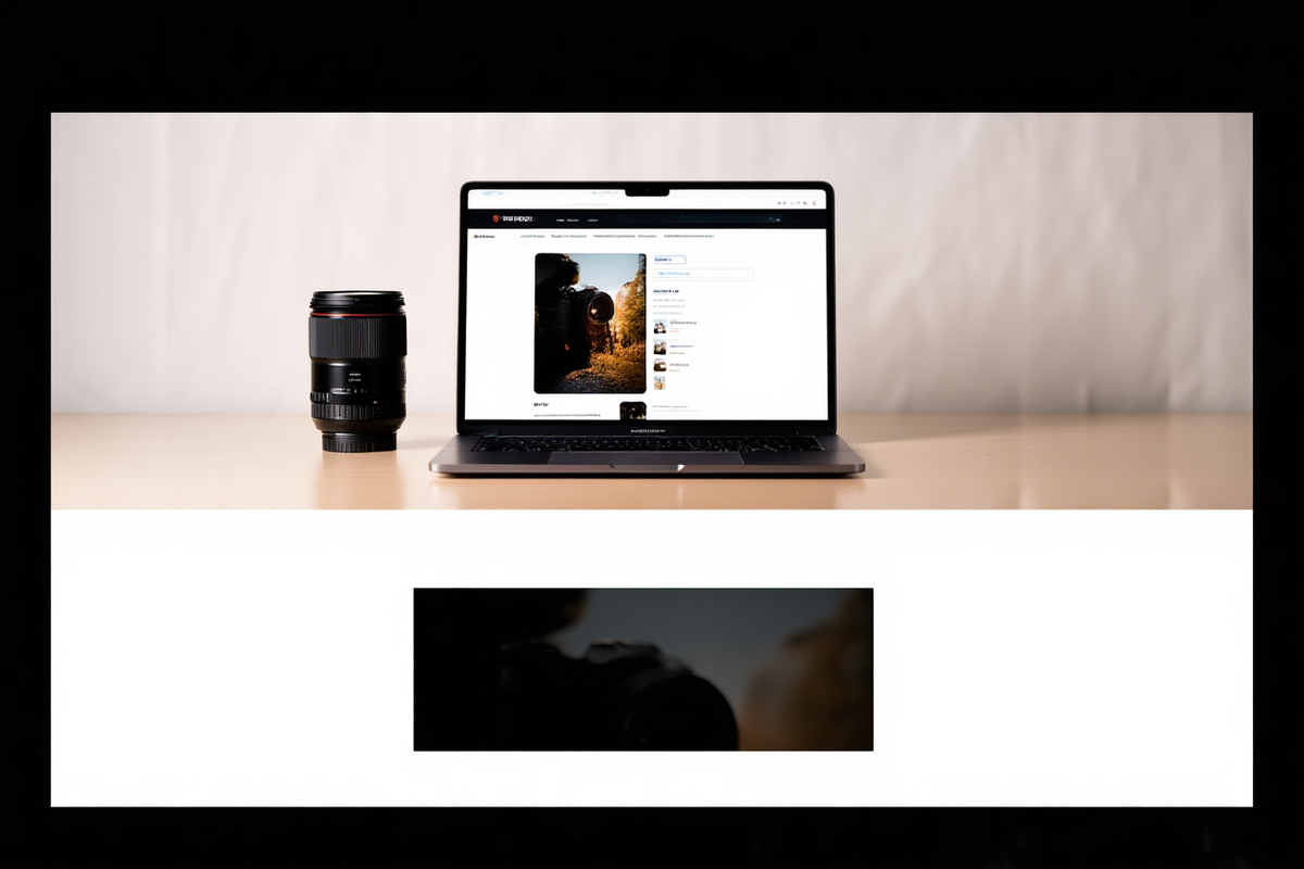 Laptop, der ein Stock-Fotografie-Dashboard mit Keyword-Tags neben einem professionellen Kameragehäuse auf einem sauberen Schreibtisch anzeigt