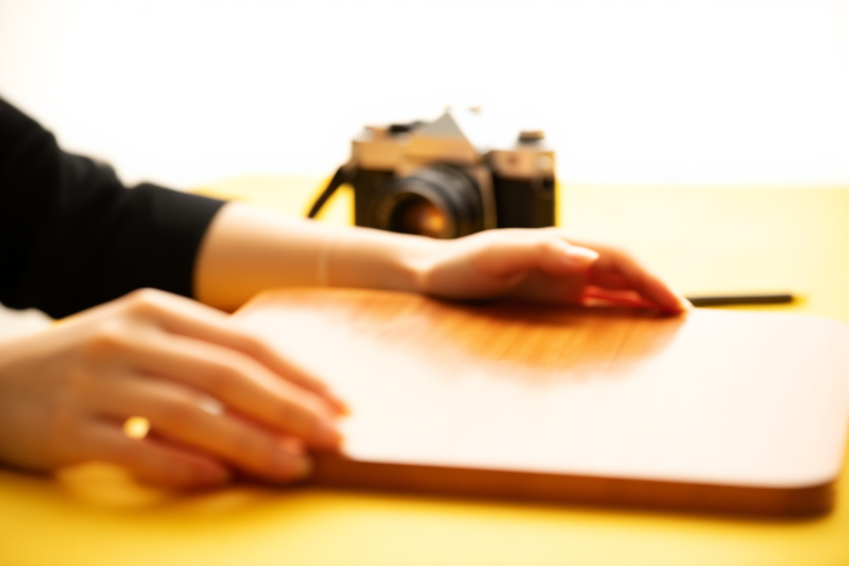 A professional photographer standing in a sunlit modern studio holding a printed landscape photo, surrounded by camera lenses and natural light