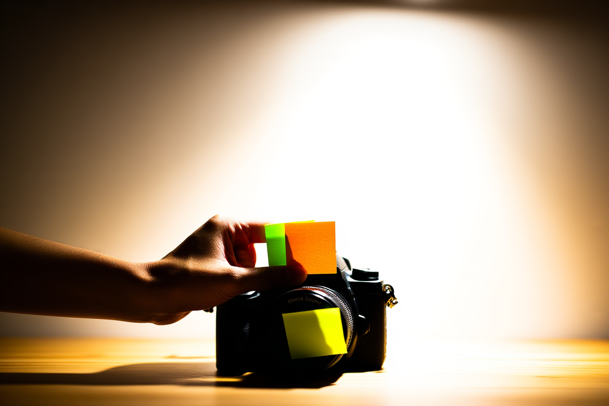 A close-up of a photographer's hand placing colorful sticky notes labeled with words like 'nature', 'business', and 'tech' onto the lens cap of a professional camera resting on a wooden desk