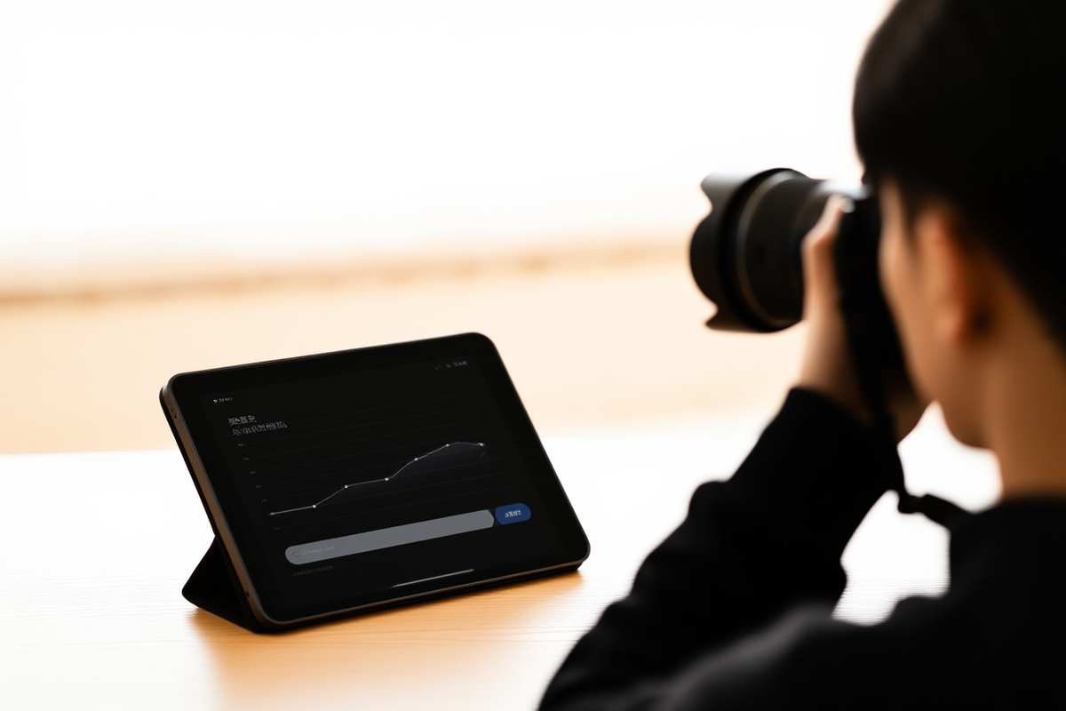 Fotograf prüft Kameradisplay mit Keyword-Analyse-Overlay auf einem Landschaftsfoto
