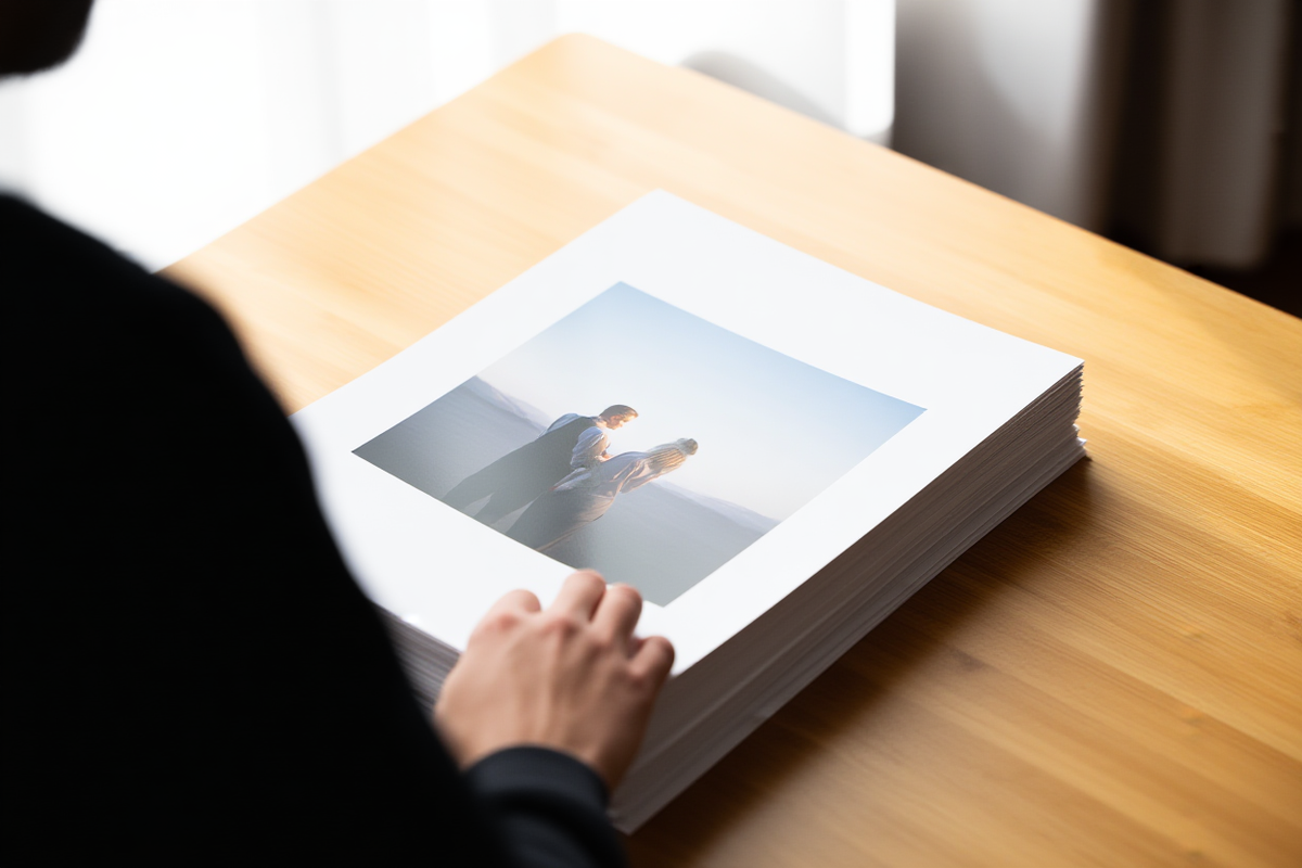 Ein professioneller Fotograf sortiert einen Stapel gedruckter Foto-Proofs auf einem Holztisch, während natürliches Sonnenlicht durch ein nahes Fenster scheint