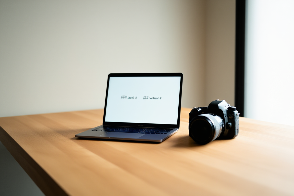 Seorang fotografer stok meninjau metadata di layar laptop di sebelah lensa kamera