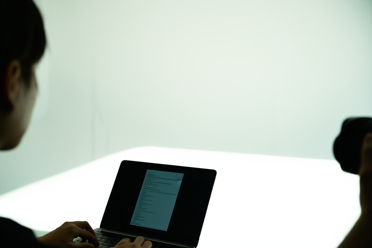 A photographer reviewing metadata fields on a laptop screen in a bright studio