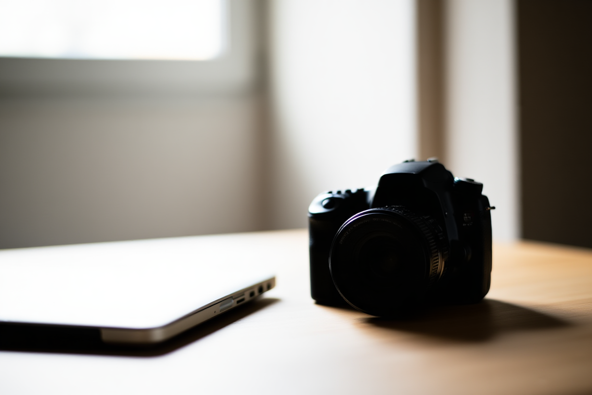 Professional DSLR camera resting on a clean wooden desk next to a silver laptop in soft natural daylight