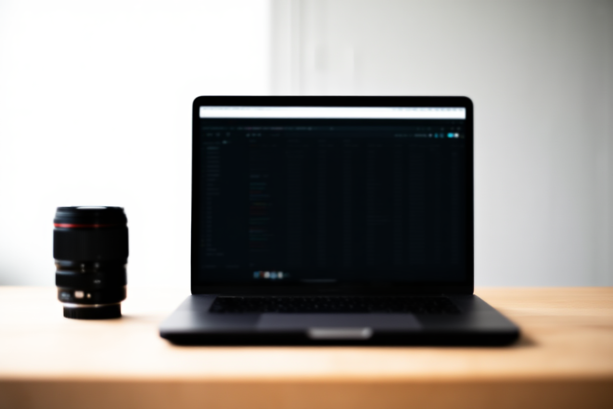 Moderner Arbeitsplatz mit einem Laptop, der die Benutzeroberfläche für Stock-Fotometadaten anzeigt, neben einem professionellen Kameragehäuse auf einem hellen Holzschreibtisch