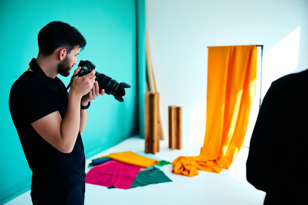 Profesjonalny fotograf trzymający zaawansowaną bezlusterkową kamerę na nasłonecznionym miejskim studio, otoczony kolorowymi wzorami tkanin i drewnianymi rekwizytami na czystej białej podłodze