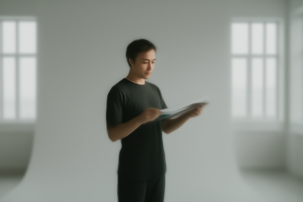 Profesjonalny fotograf stojący w nowoczesnym, słonecznym studio z trzymanym wydrukowanym zdjęciem, przeglądający metadane na tablicy korepetytorskiej