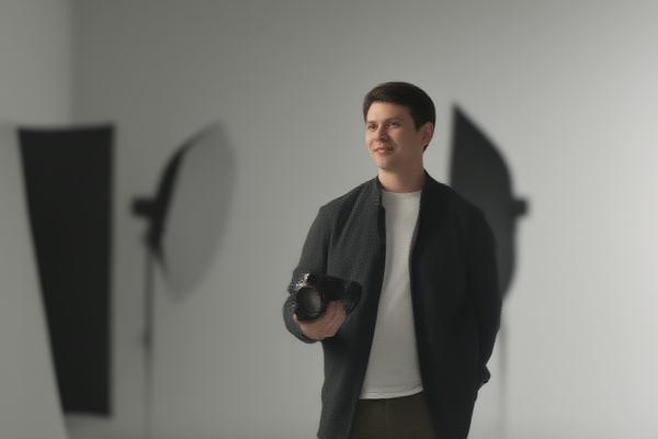 Un photographe professionnel tenant un appareil photo reflex haut de gamme avec un grand objectif, debout dans un studio moderne baigné de soleil avec des softboxes visibles en arrière-plan, 