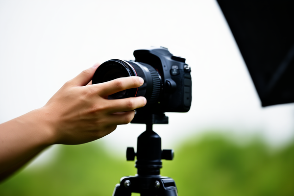 Zbliżenie na dłonie fotografa regulujące pierścień obiektywu w profesjonalnej lustrzance cyfrowej zamontowanej na solidnym statywie, przed rozmytym naturalnym tłem