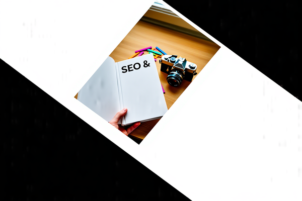 木製の机の上に置かれた「SEO＆メタデータ」と題された白いハードカバーの本を開き、その隣にはヴィンテージのフィルムカメラとカラフルなインデックスカードが散らばっている中、写真家の手が本を握りしめているクローズアップショット。